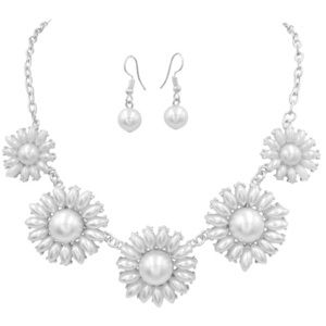 5 White Pearl Daisy Flower Necklace Earrings Set